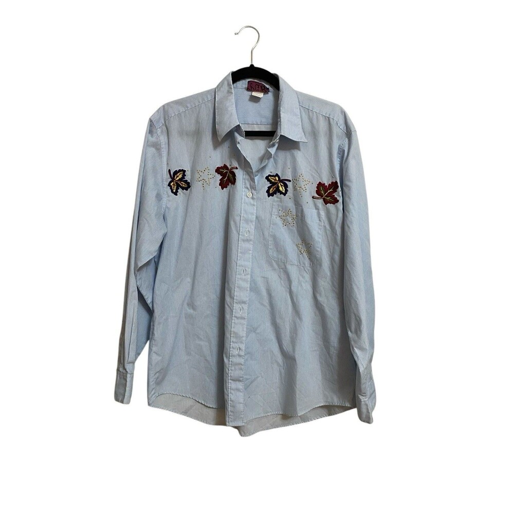 P.G.B. Embroidered Fall Leaves Pinstripe Button Up Shirt L